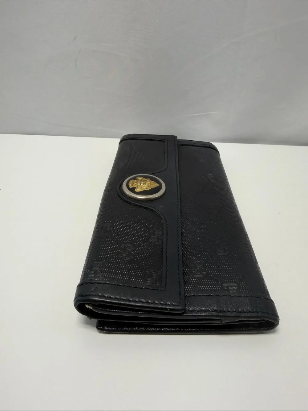 Gucci Black GG Monogram Continental Wallet with Gold Crest